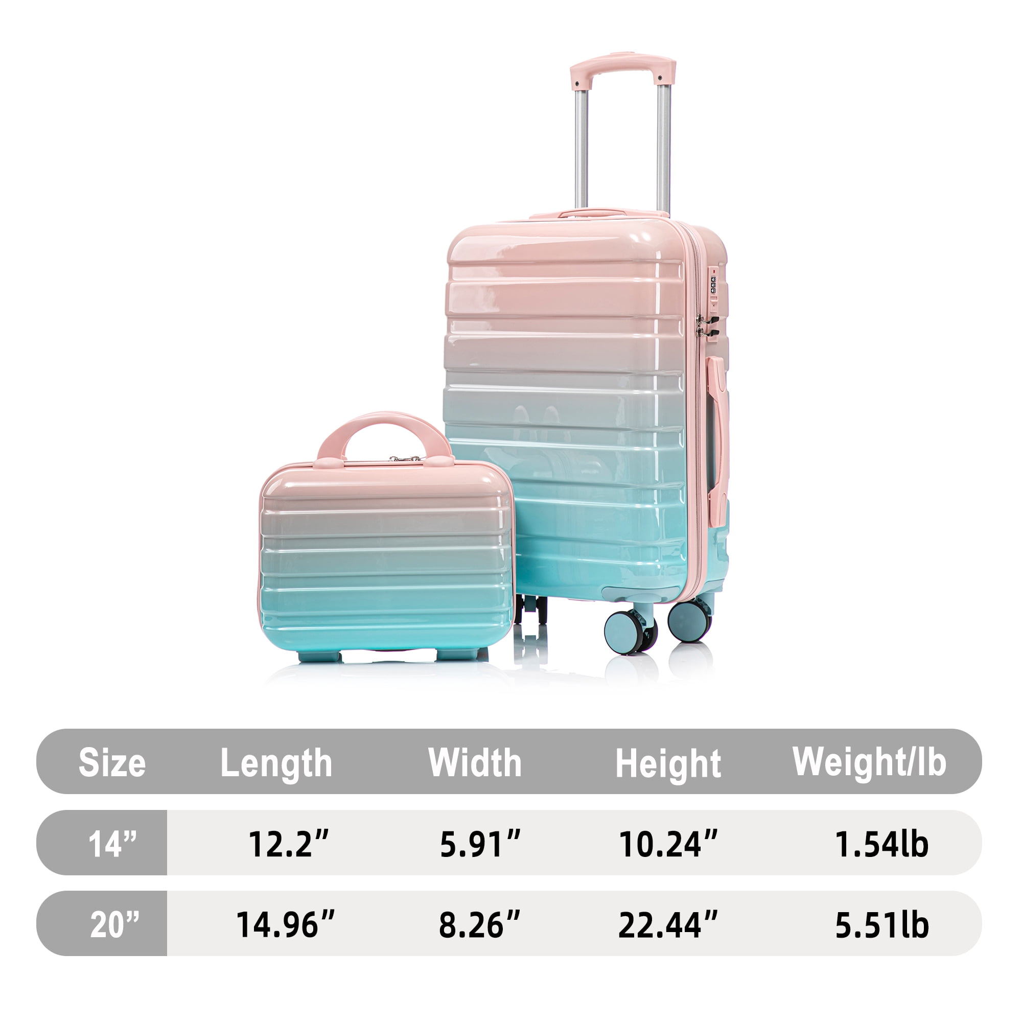 Alvantor 2 Piece Spinner Luggage Set, Gradient PC Hardshell Carry-On Suitcase with Cosmetic Case, 20″ + 14″Blue and Pink