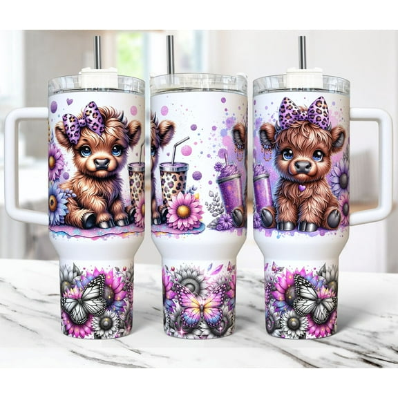 40oz Stainless Steel Tumbler with Handle and Highland Cow purple design