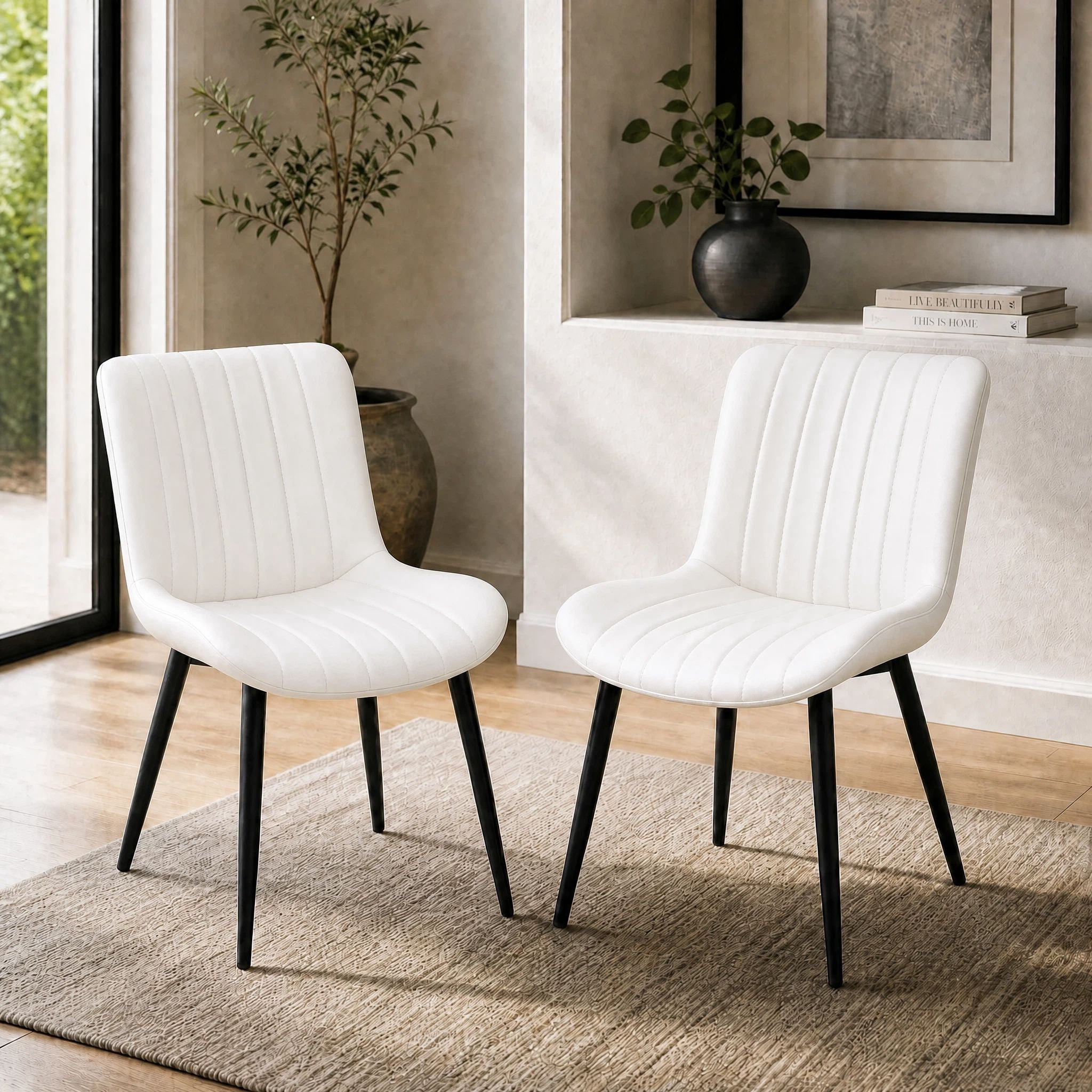 Euroco Modern Dining Chairs Set of 2, Accent Chairs with Curved Back and Iron Frame, Kitchen Side Chairs for Bedroom, Living Room,Dining Room,Cream White