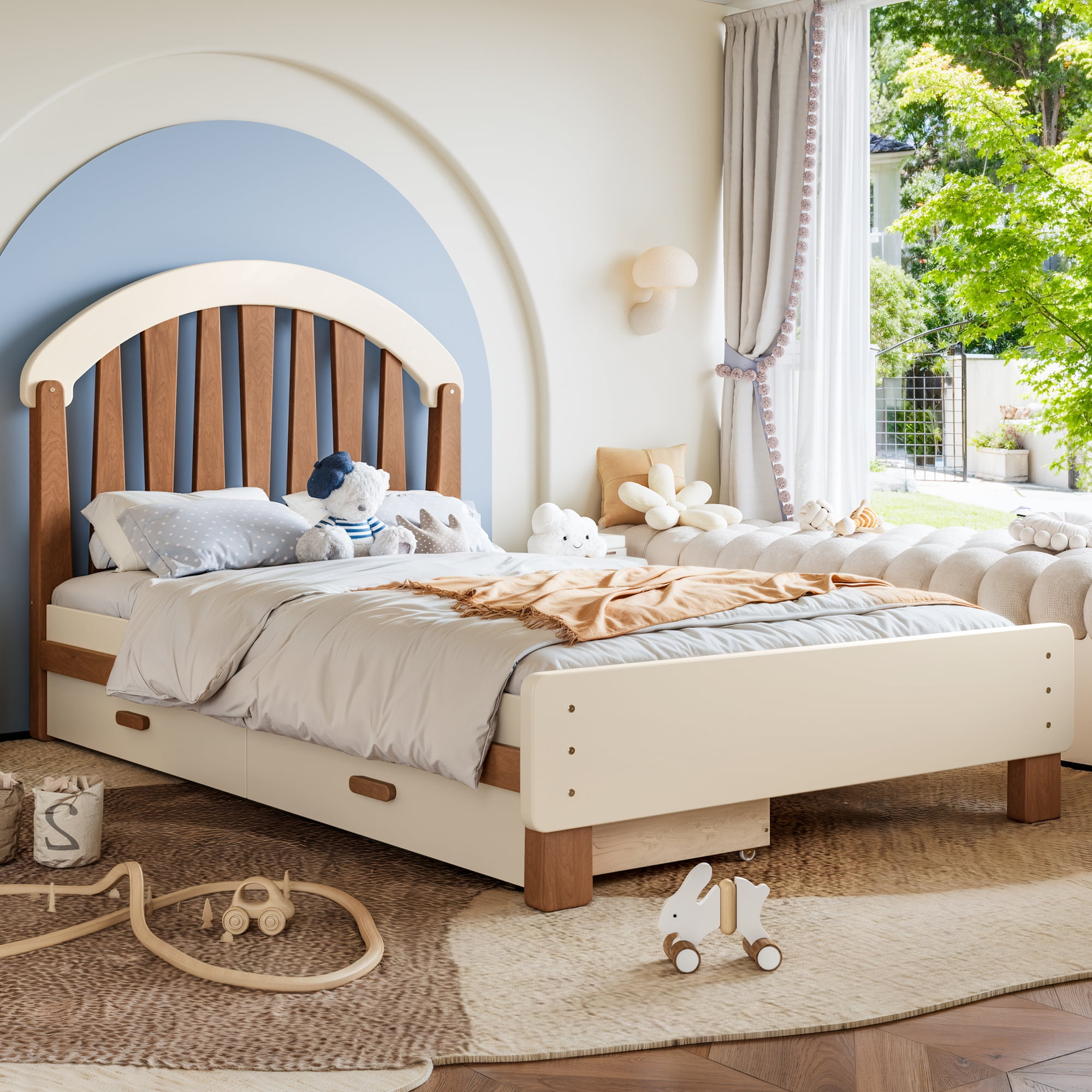 Leumius Twin Size Platformbed Frame with Storage Drawer, Wood Twin Bed Frame with Round Headboard for Bedroom Beige & Deep Natural