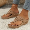 thumbnail image 2 of Povozer Sandals for Women Flip Flops Retro Hollow out T-strap Thong Sandals(Khaki,7.5), 2 of 5