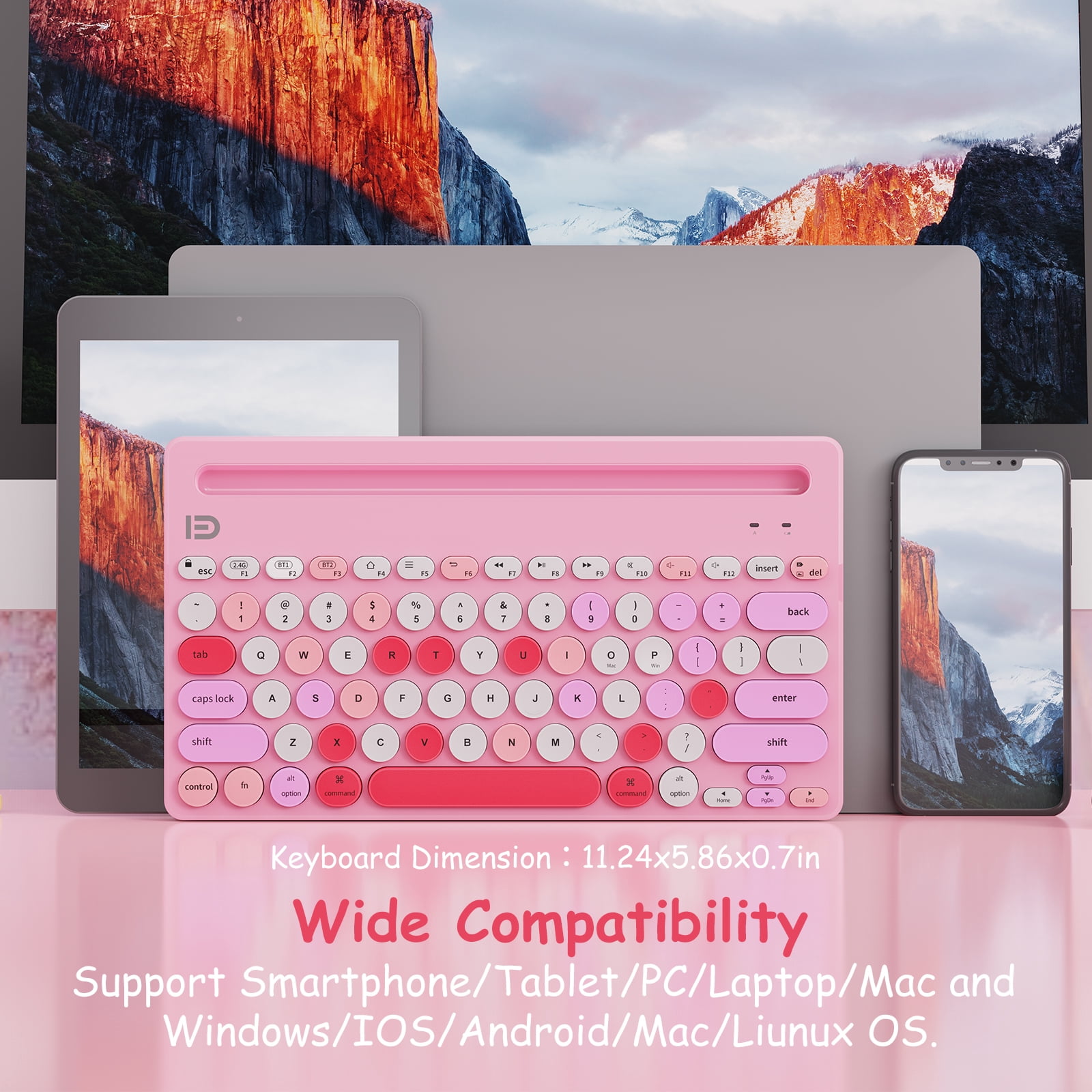 Wireless Keyboard Multi-Device, Bluetooth and 2.4G Dual Mode, Switch to 3 Devices for Cellphone, Tablet, PC, Smart TV, iOS Android Windows, Pink