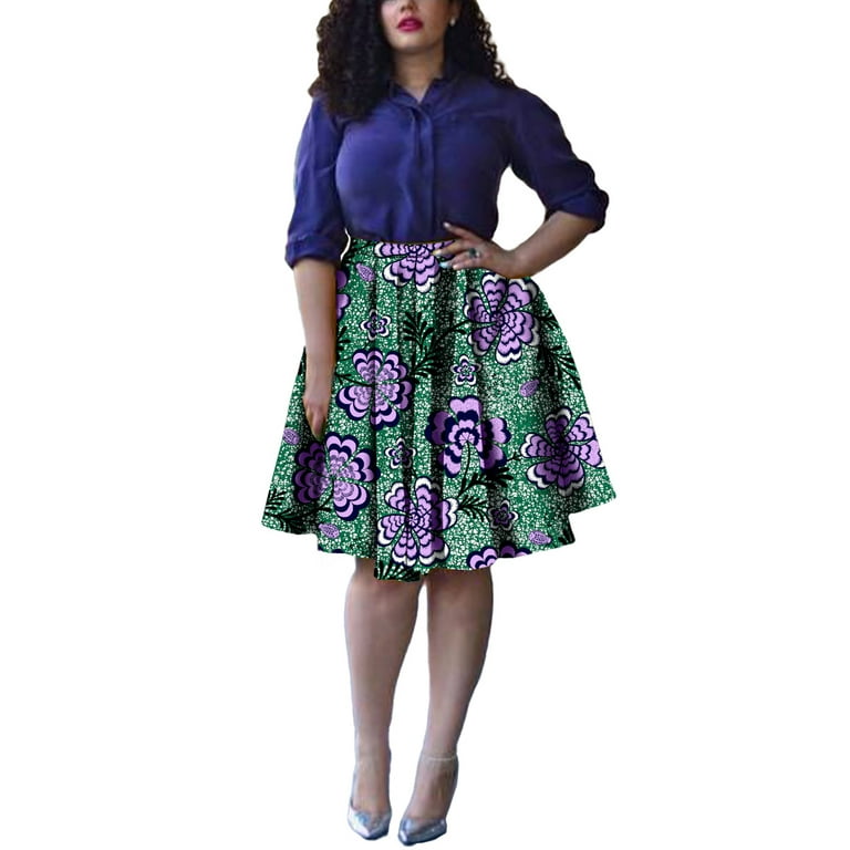 Women's African Print Skirt Loose Fit Pleated High Waist Pure Cotton Midi  Skirt 3X-Large Multicoloured 2 V29