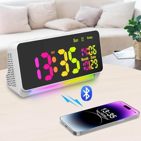 Super Loud Alarm Clock, Bluetooth Connection, Wake Up Sounds, Night Light, RGB Color Changing, Dimmer, Snooze, Digital Clock