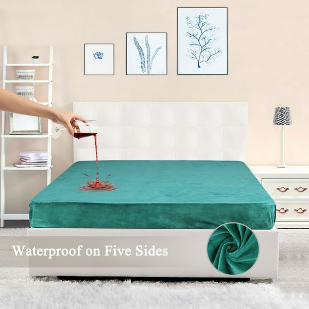 Unique Bargains Velvet Waterproof Bed Cover Fitted Sheet, Queen, Teal Blue