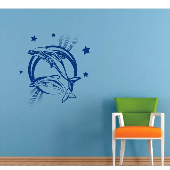 Moon And Stars Dolphins Cartoon Customized Wall Decal - Custom Vinyl Wall Art - Personalized Name - Baby Girls Boys Kids Bedroom Wall Decal Room Decor Wall Stickers Decoration Size (10x10 inch)