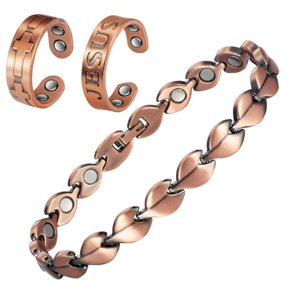 Wollet Magnetic Copper Link Bracelets 2 Copper Rings for Women, Hand Made, Set of 3 , Christian Christmas Gift