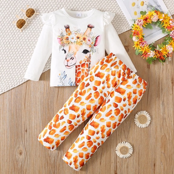 SONGGE Girls Outfit Sets Toddler Winter Clothes Long Sleeve Tops And Pants Comfy Casual Playwear With Giraffe Print Design For Daily Back To School Soft Clothes Sets