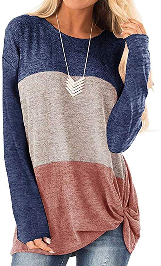 Womens Tops Long Sleeve Color Block Twist Knot Crew Neck Casual Tunic T