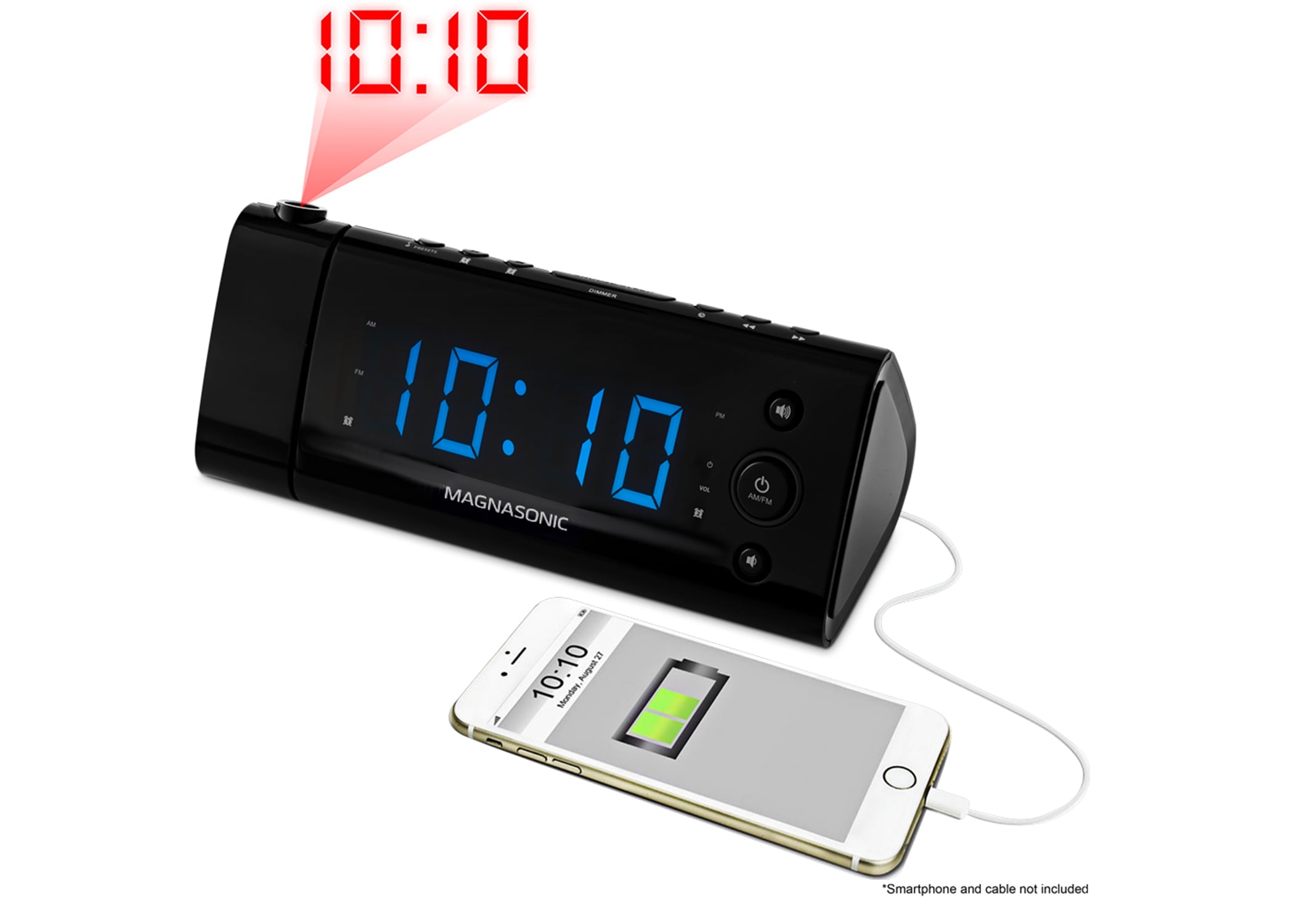 Magnasonic USB Charging Alarm Clock Radio with Time Projection, Battery