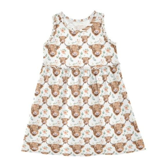 Girls Dress Watercolor Floral Highland Cows Sleeveless Dress for Girls Hem A-Line Casual Sundress
