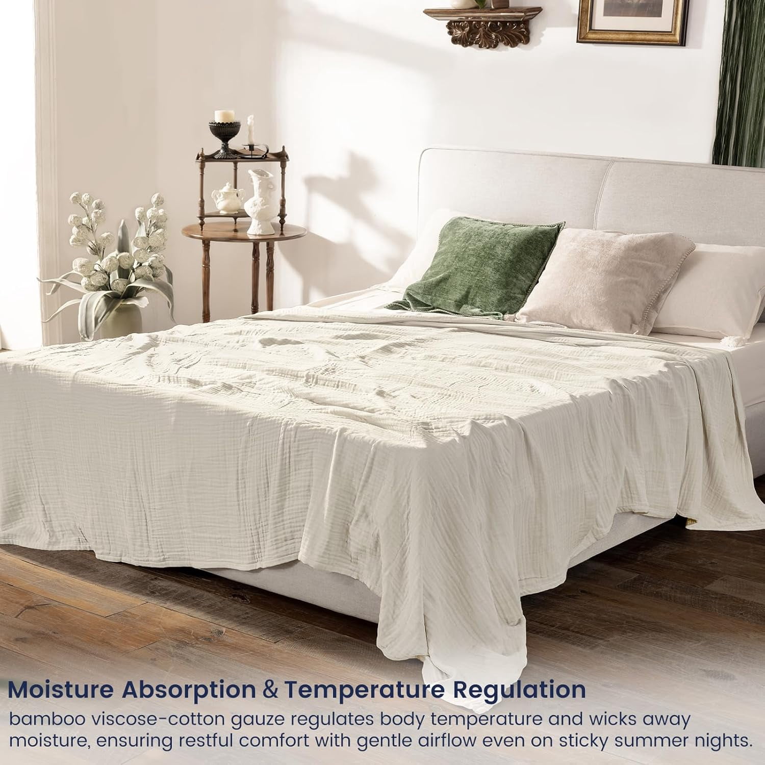PHF Cooling Muslin Twin Blanket for Hot Sleepers, 4-Layer Breathable Bamboo Rayon & Cotton Gauze, Lightweight Summer Blanket for Bed or Couch, 66" x 90", Oat Milk