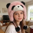 thumbnail image 3 of Soft Plush Cartoon Panda Ear Warmer Hat for Kids Toddler Winter Thick Warm Cute Animal Hat with Ear Flaps, Pink, 3 of 4