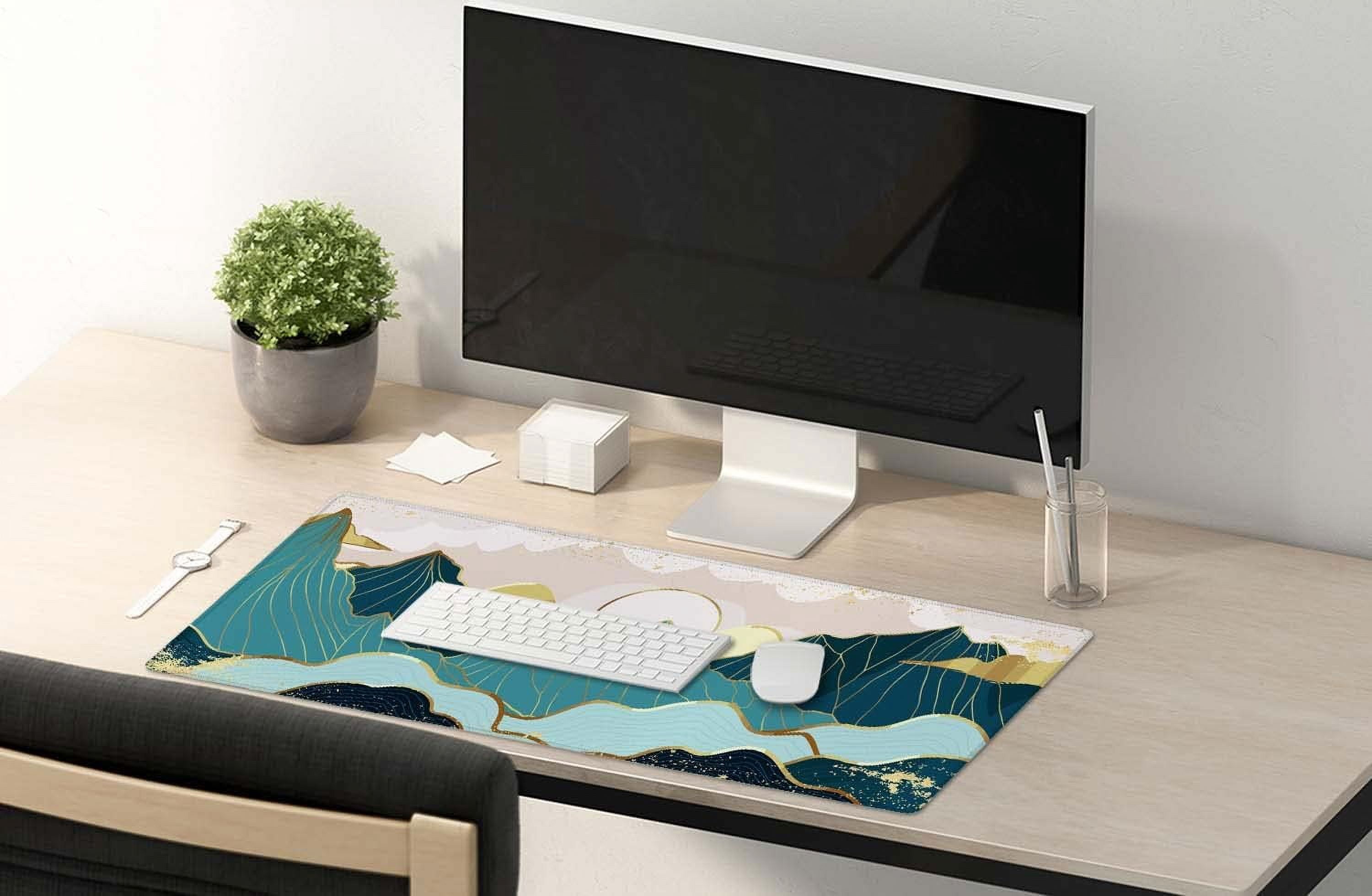 Gold Mountain with Landscape Line Arts Mouse Pad 35.4 x 15.7 Inch XXL Full Desk Mousepad Extended Large Non-Slip Rubber Base Waterproof Big Keyboard Mat with Stitched Edges for Gaming and Office