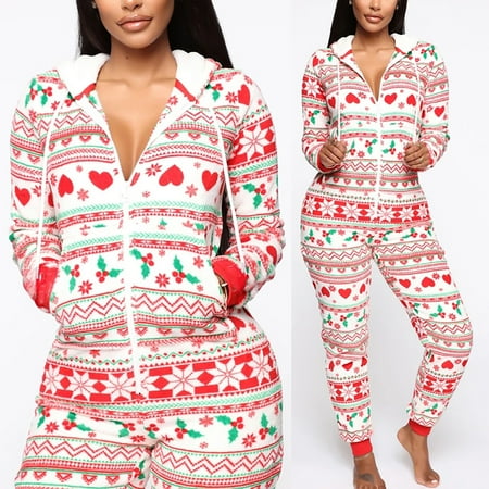

Pajamas For Women Plus Size Jioakfa Ladies Casual Christmas Homewear Hooded Zipper One-Piece Homewear Pajamas White L