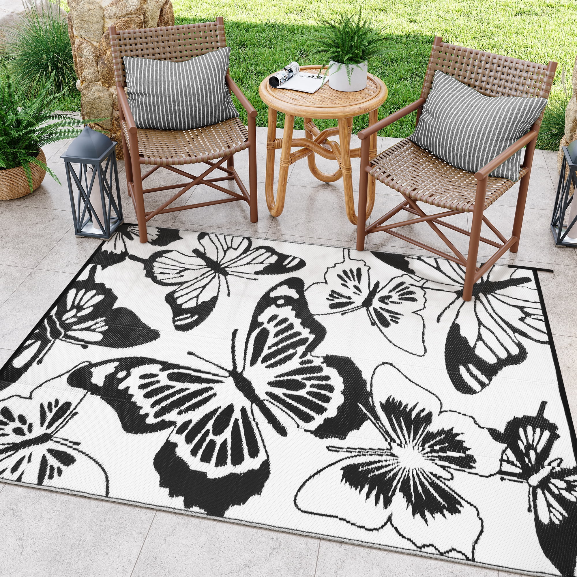 Lahome 6x9 Butterfly Outdoor Rug, Large Black&White Waterproof Reversible Patio Rugs, Portable Plastic Straw Carpet for Garden Backyard Beach