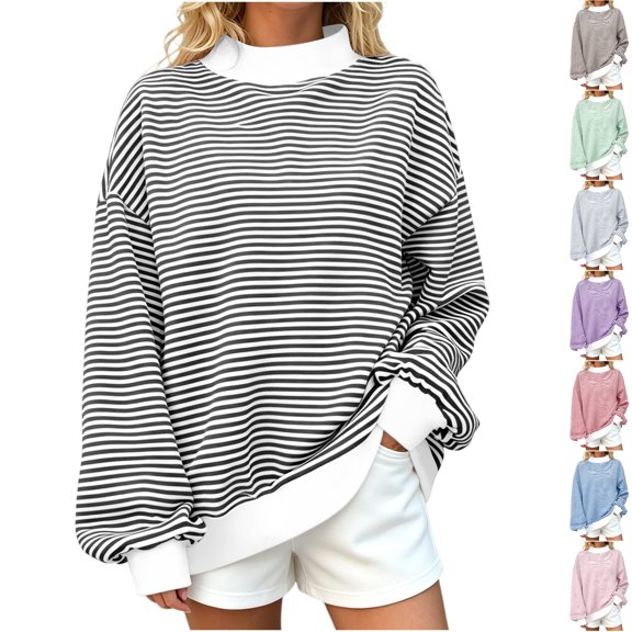 Husipze Striped Mock Neck Sweatshirt for Women Long Sleeve Loose Oversized Fit Casual Pullover Sweatshirt Black S