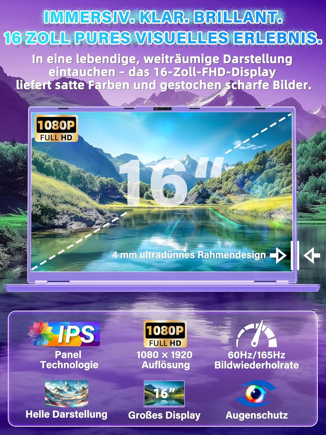 【Win 11 Pro/MS Office 2019】16" Purple Laptop,Ultra-Narrow Bezel Full HD (1920x1080),Celeron N95 (3.4GHz), 16GB RAM 1T SSD,Color Backlit KB, Face Unlock, USB-C/HDMI/WiFi/BT, for Business Study