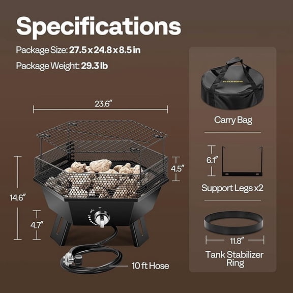 SEEKOL  24 Inch 58,000 BTU Portable Propane Gas Fire Pit with Carry Bag & Tank Holder for Outdoor