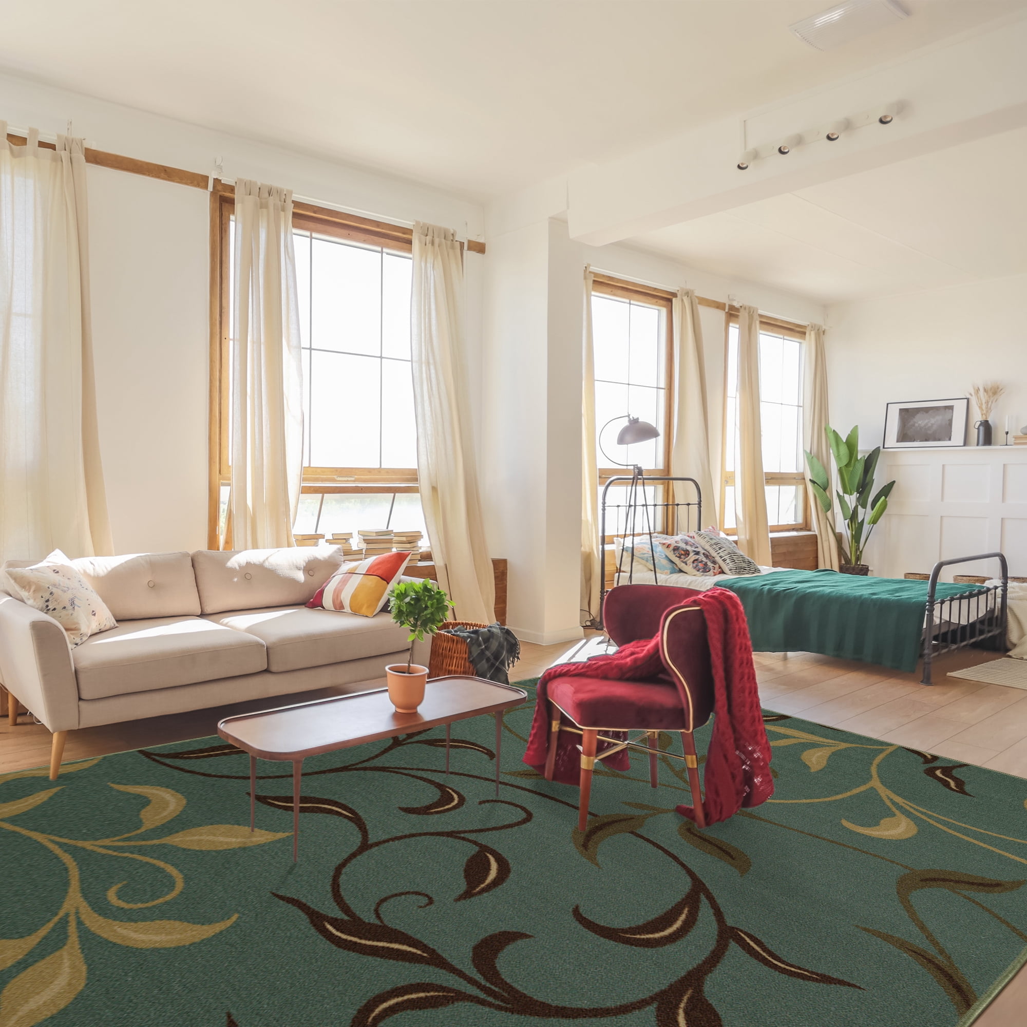 Ottomanson Non-Slip Area Rug for Living Room 7'10" x 9'10" Durable Low Profile Carpet, Seafoam Green Leaf