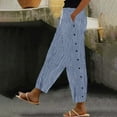 thumbnail image 2 of Bovemsi Women's Casual Pants Cotton And Linen Striped Elastic Waistband High Pocket Side Buttons Nine Point Loose Straight Leg for Travel, 2 of 5