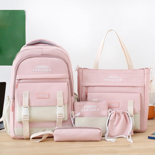 conjunto de mochilas escolares mochila 5 piezas mochila bolsa de hombro mochila escolar mochila para adolescentes niñas mujeres escuela secundaria útiles escolares rosa salvador mochila para niñas Conjunto rosa de 5 piezas para escuela: mochila de lona (45 cm x 30 cm x 14 cm) con dos bolsillos frontales con cremallera, dos bolsillos laterales y correas acolchadas ajustables; bandolera con asa superior y bolsillo frontal; estuche para lápices, bolsa con cordón y bolso compacto, mostrados en vista frontal agrupados sobre una mesa, adecuado para uso escolar y viajes cortos.