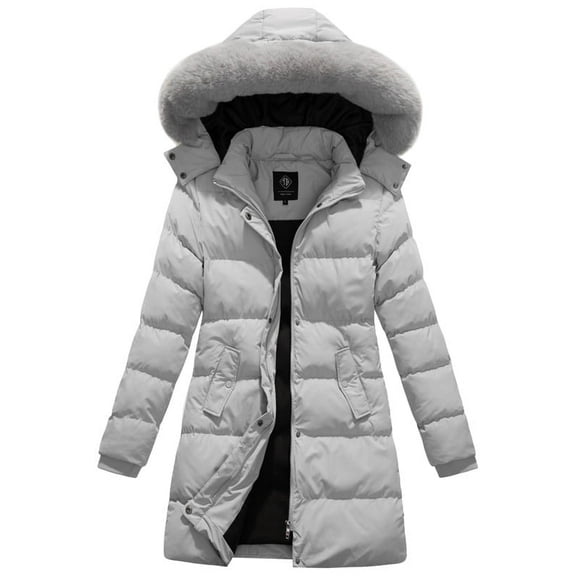 KVE Women's Winter Thicken Puffer Coat Warm Snow Jacket with Faux Fur Removable Hood Grey Small
