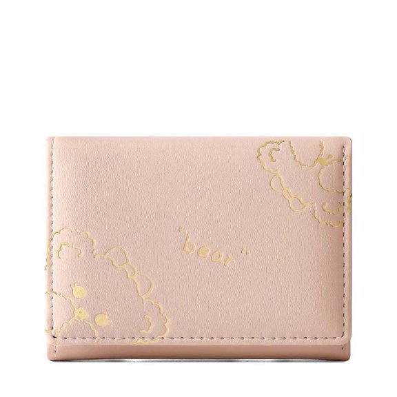 Lady Women PU Leather With Zipper Multiple Card Slots Coin Purse Money Clip Short Bear Wallet Small Purse Money Bags PINK