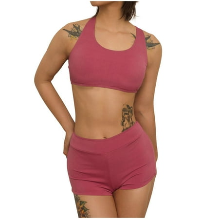 WCMZJ Women Two Piece Racerback Swimsuits with Boyshort High Waisted Bikini Set Sporty Tummy Control Bathing Suit Athletic Hot Pink S