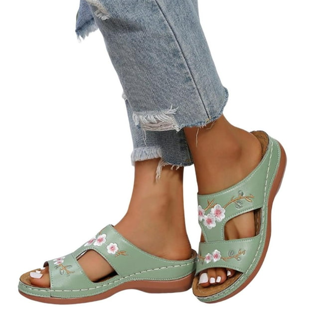 Sandales pour Femmes Été Décontracté Sandales de Pêcheur pour Femmes Sandales à Plateforme Femmes Talon Épais Compensés Design Floral Plage Sandales Compensées Basses pour Femmes Sandales en Gelée Style Romain