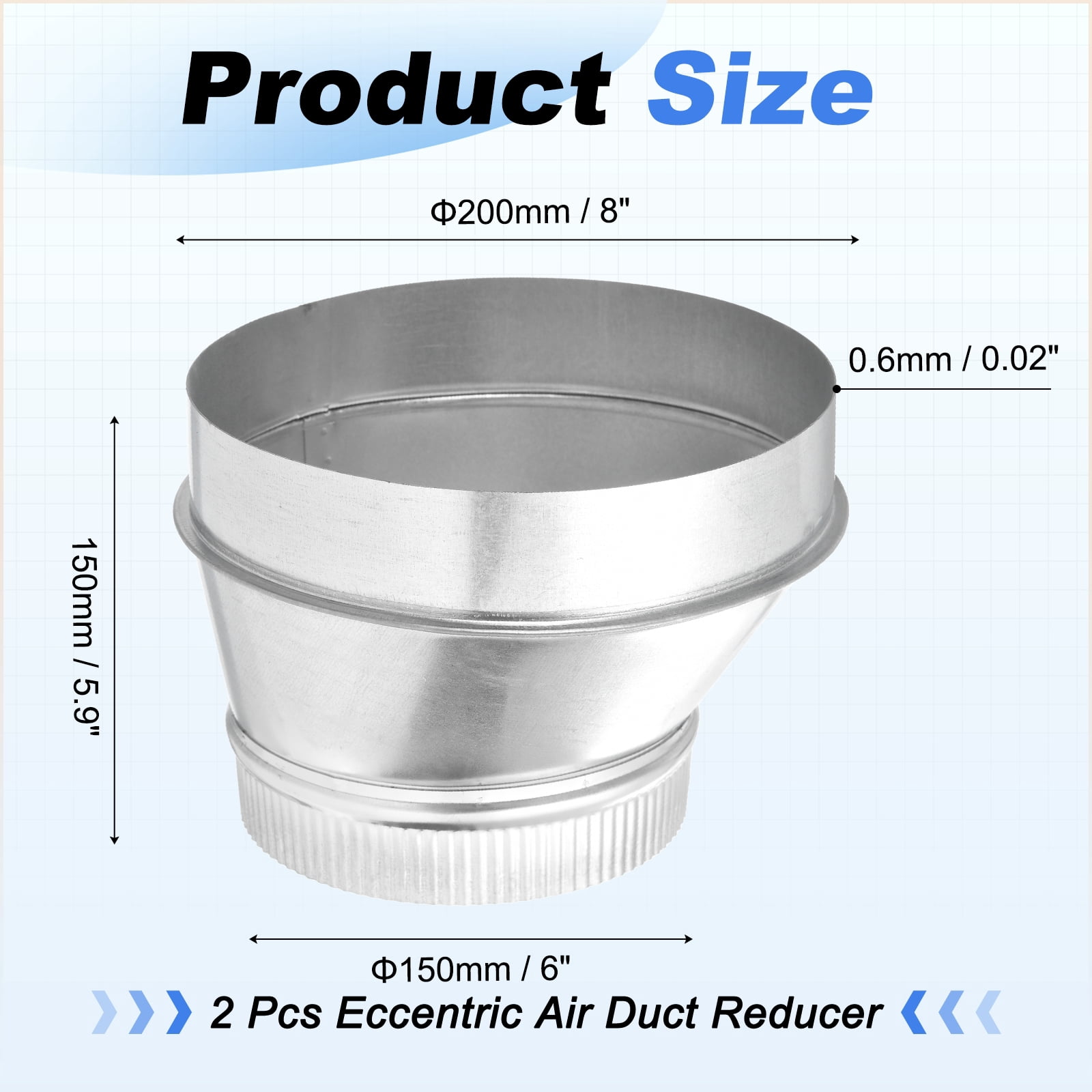 Uxcell 2 Pcs Eccentric Duct Reducer (8" to 6" ) - Galvanized Steel Crimped End Ducting Connector Increaser Round Air Duct Adapter Pipe Vent Inline Fitting for HVAC Ventilation, Silver