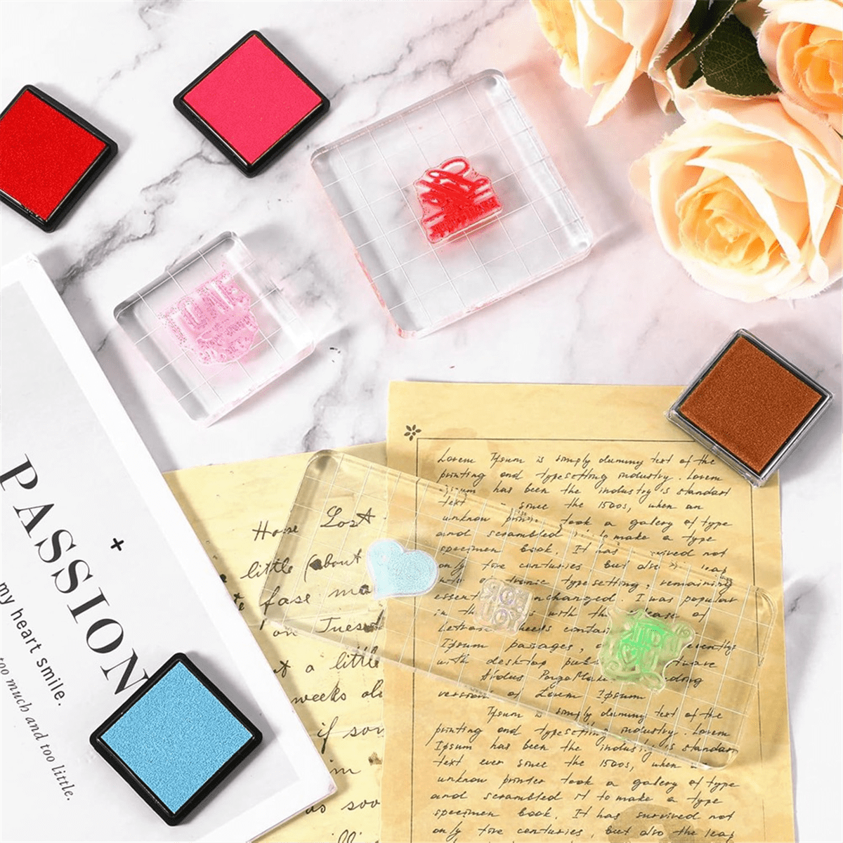 22 Pcs Crafting Stamps Set with Acrylic Stamp Blocks, Silicone Stamps, and Colorful Ink Pads for DIY Scrapbooking