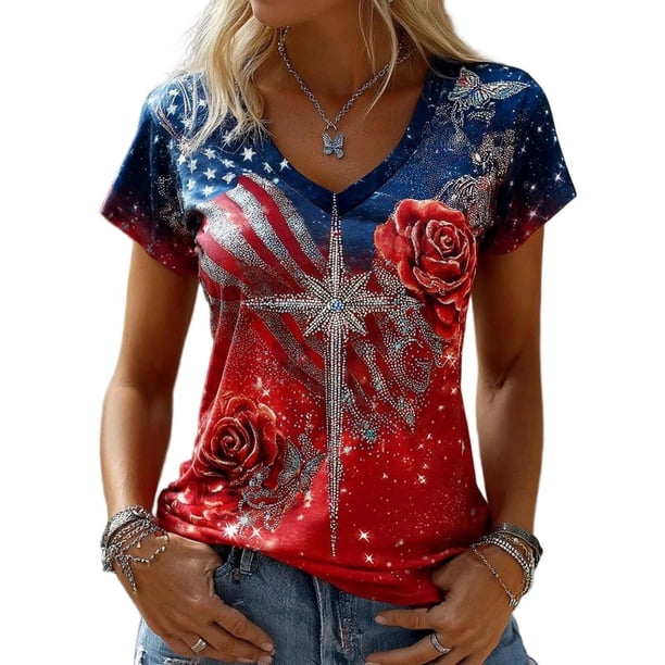 Camiseta de Manga Corta de la Mujer de la Moda Casual Cómoda Impresión de Manga Corta con Cuello en V