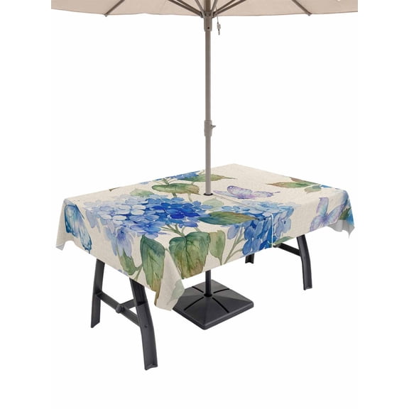 Outdoor Tablecloth with Umbrella Hole for Patio/Picnic/Party/Camping, Blue Hydrangea Waterproof Table Cloth Rectangle Table Cover Washable, Watercolor Flower Butterfly Leaves Beige (52"x 70")