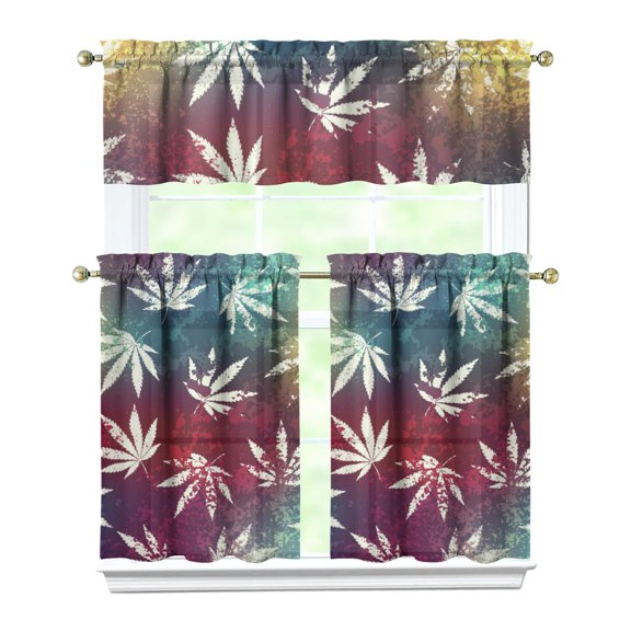 27.5x36 Inch Kitchen Curtains Set 3pcs, Bamboo Leaf and Maple Design Polyester Valance and Tiers, Botanical Window Drapes for Small Kitchen or Cottage Decor