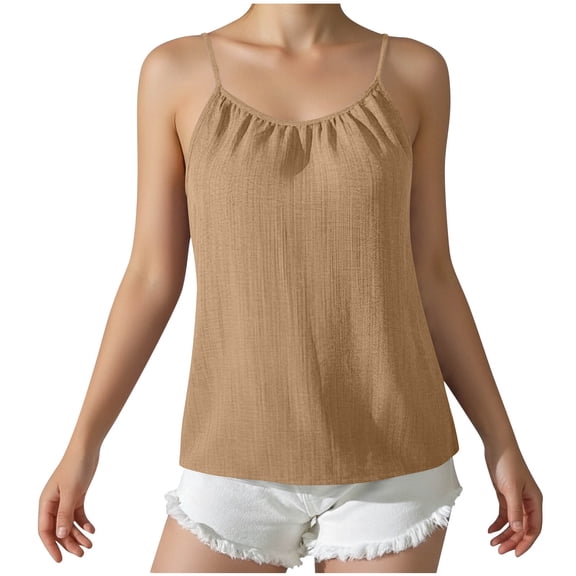 Women's Camisole Tops Adjustable Spaghetti Straps Sleeveless Cotton Linen Blend Top Ruched Front Casual Loose Fit Summer Tank Tops Khaki Tops,Size S-2XL