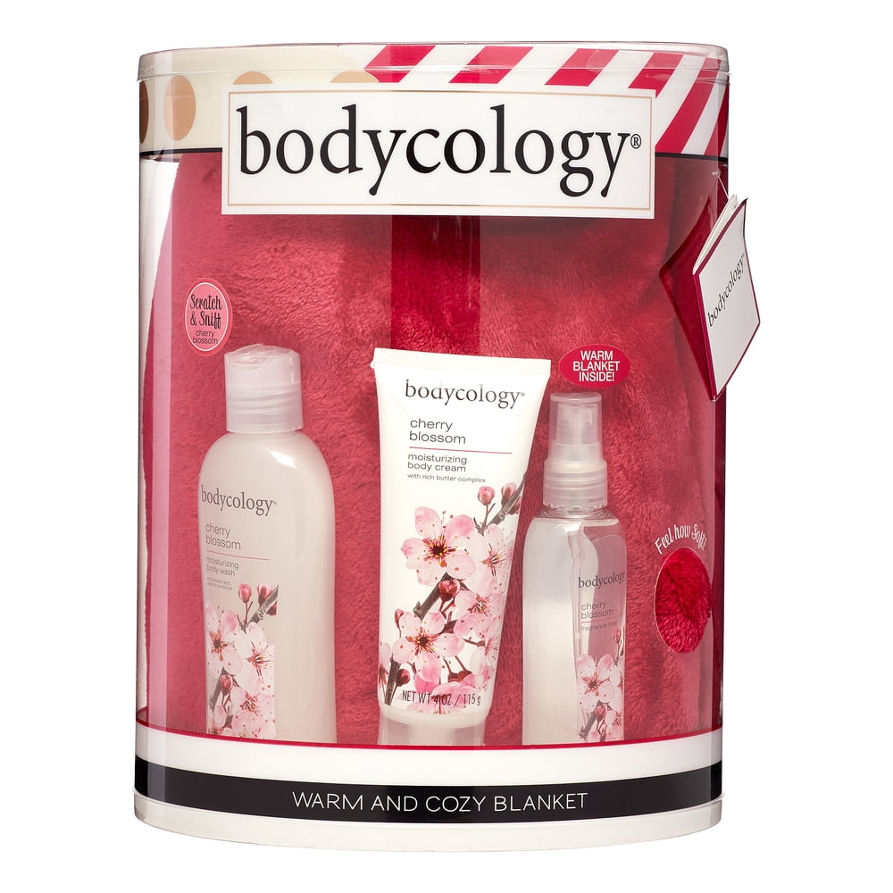 Bodycology Warm and Cozy Blanket and Bath Gift Set, Cherry Blossom, 4