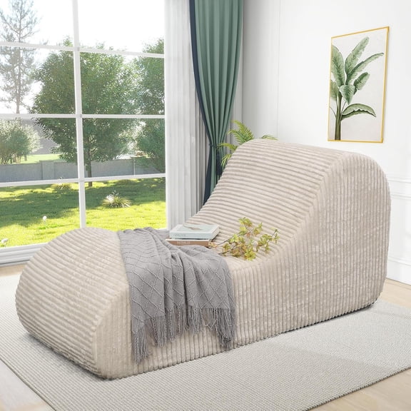 Rattaner Corduroy Chaise Lounge Chair Couch Indoor Boneless Oversized High-Density Sponge Soft Sofa for Yoga, Khaki