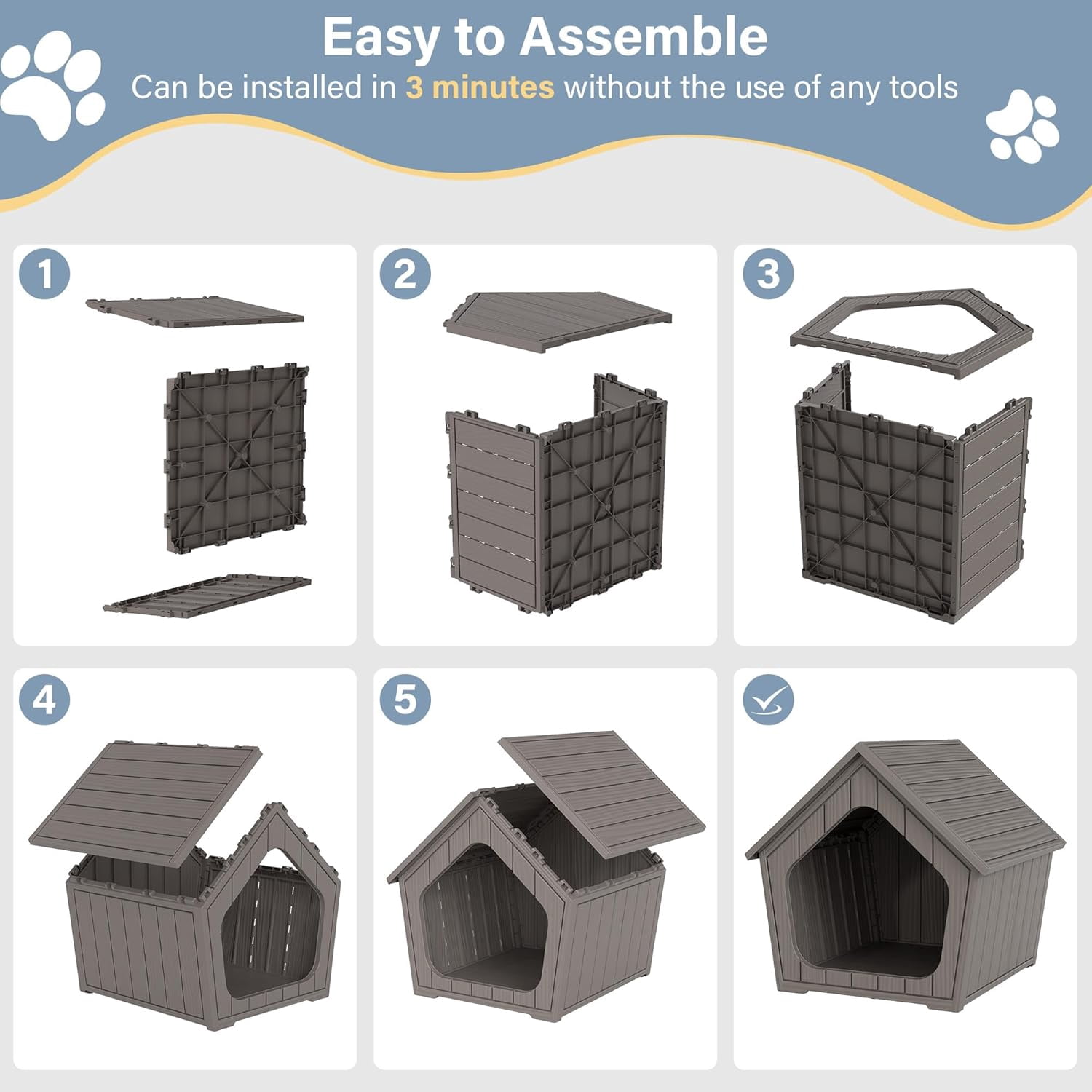 Sunny Lane Dog House Outdoor Indoor for Small Dogs - Plastic Pet Shelter, Easy-Assemble & Weather-Resistant for Living Room, Balcony (Grey, 18" L x 22.4" W x 22.2" H)