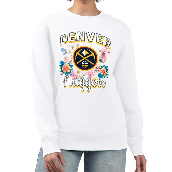 Women's G-III 4Her by Carl Banks White Denver Nuggets Flowers Team Logo Graphic Fleece Crewneck Pullover Sweatshirt