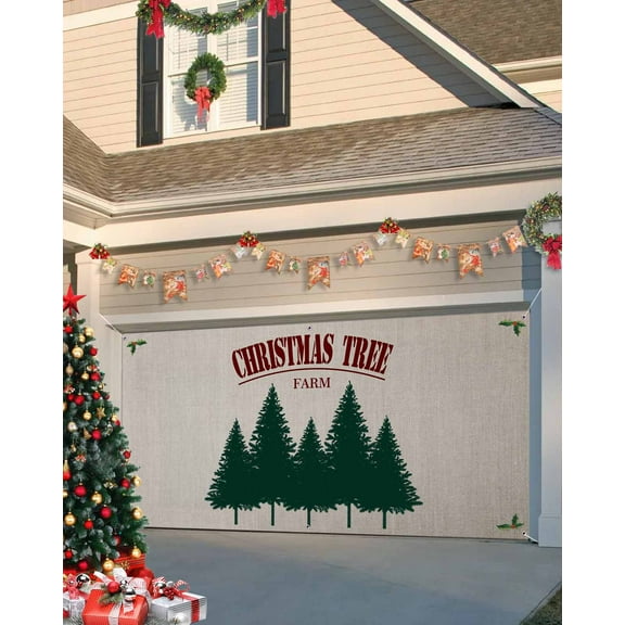 Garage Door Banner Cover 7 x 8 ft, Farm Theme Christmas Tree on Rustic Background Christmas Garage Door Decorations Holiday Christmas Backdrop Decor for Winter New Year Xmas Party