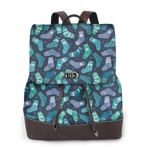 Balery Green Christmas Print Socks Mochila de Cuero para Mujeres, Gran Capacidad, Bolsa de Viaje Multifuncional, Mochila de Cuero y Bolsa de Hombro para Mujeres