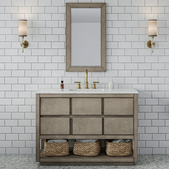 Water Creation Oakman 48" Wood Vanity with Gold Faucet & Mirror in Gray Oak