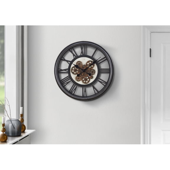 Wall Clocks Clocks, 20" Round, Gear Mechanism, Wall Clock, Black, Transitional,Table Clocks