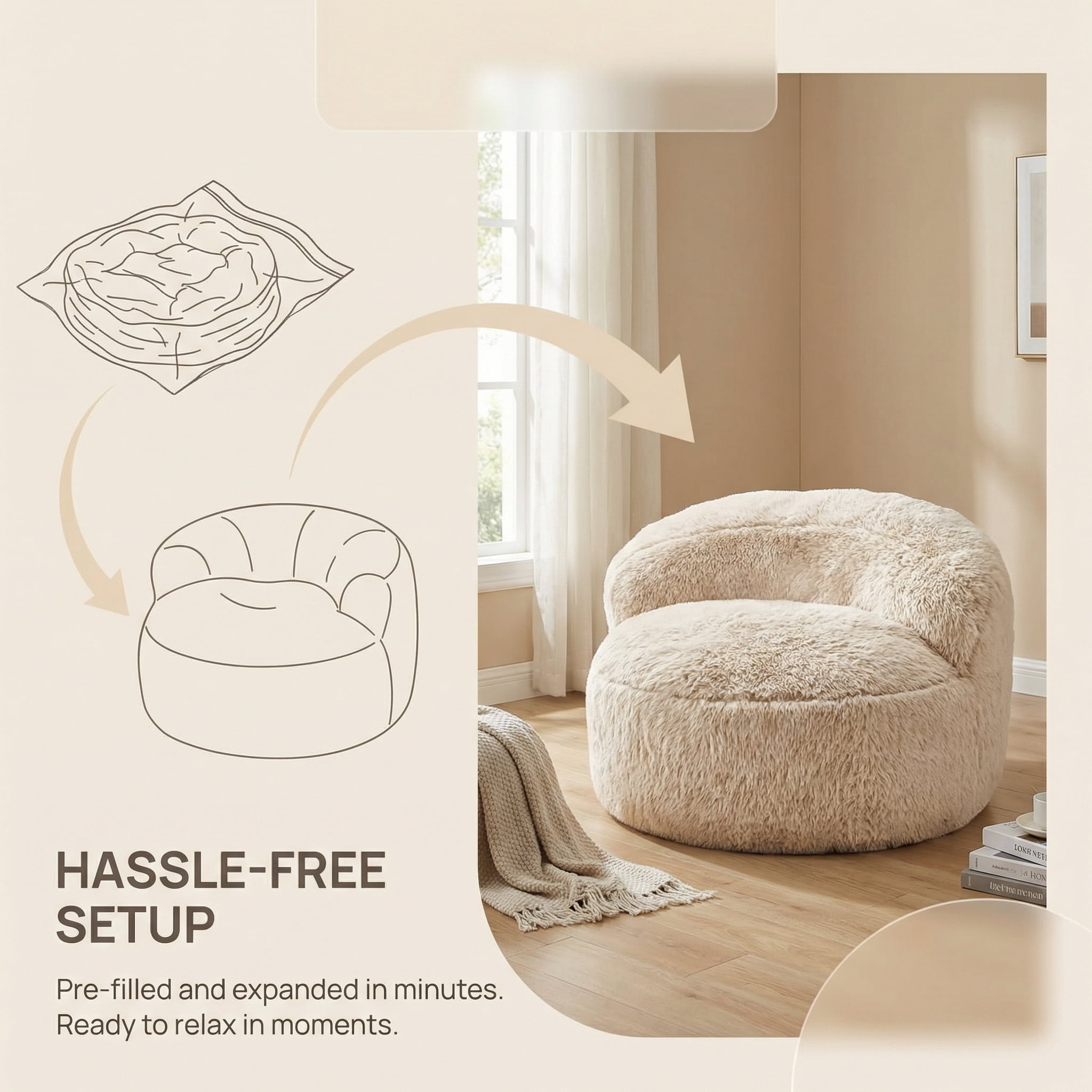 Fulsmile Bean Bag Chair Large Plush Chairs for Adults Giant Beanbag Chair Bean Bag Sofa with Stuffed Memory Foam Bean Lounger Chair for Reading Gaming Relaxing, Beige