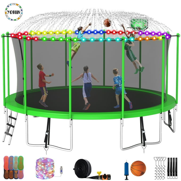 YORIN 1500LBS 16FT Trampoline for Adults with Enclosure Net Outdoor Trampoline Capacity 8 10 Kids with Light Sprinkler Basketball Hoop Ladder
