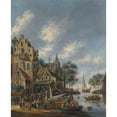 thumbnail image 2 of Thomas Heeremans 12x14 Gold Ornate Wood Frame and Double Matted Museum Art Print Titled - A Town on the Banks of a River with Figures at the Waterside (1686), 2 of 4