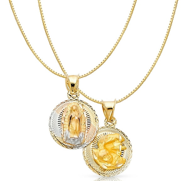 Ioka-14K Tri Color Solid Gold Diamond Cut Double Side Stamp Virgin Mary Baptism Religious Charm Pendant with 0.8mm Box Chain Necklace - 16"