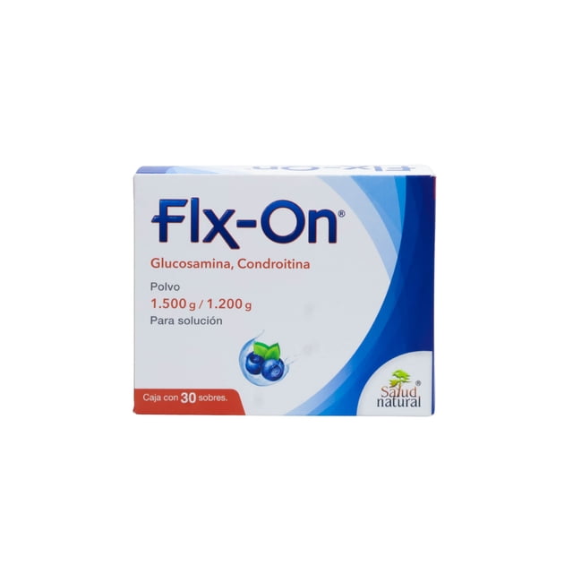 flx-on glucosamina, condroitina 1.500 g / 1.200 g caja c/30 nueva presentación de ariflex caja frontal centrada con vista frontal; empaque rectangular blanco con degradado azul, logo Flx-On en azul, texto 'Glucosamina, Condroitina' y '1.500 g / 1.200 g' en rojo, banda naranja 'Caja con 30 sobres', ilustración de dos frutos azules y sello 'Salud natural' en la esquina inferior derecha. Su presentación en sobres suele integrarse a rutinas diarias de suplementación.