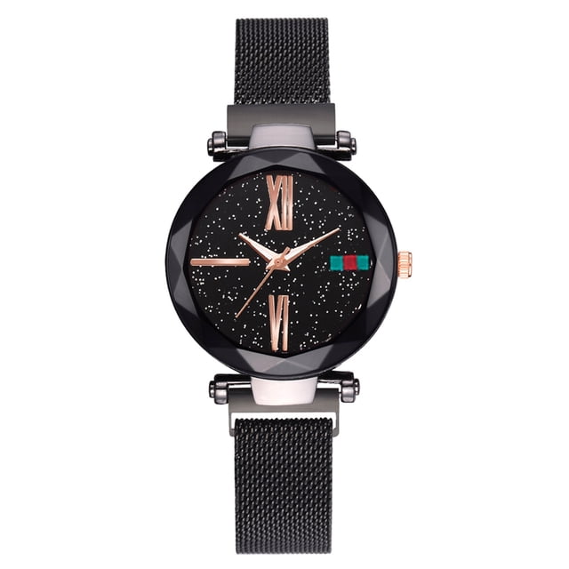 Reloj de pulsera de cuarzo con correa de malla y esfera redonda con destello de estrella colorida para hombres con estilo (negro)